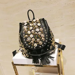 Hot sell new fashion women bag with diamond and rivet personalty drawstring bucket spike backpack and women handbag
