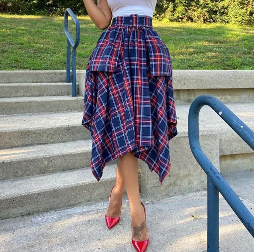

2021 Large Size Fashion High Waist Irregular Plaid Women Casual Skirts, As photo
