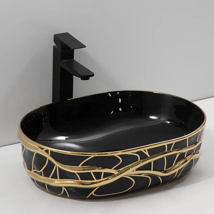 black-sink-bowl-bathroom-9822-E-577-side-elevation-145mm-height-sculpted-gold-flowing-contours