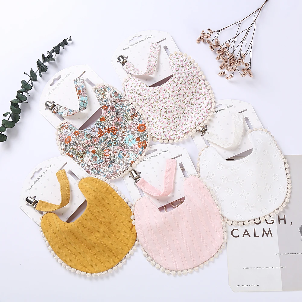 

2Pcs/Lot Cotton Flower Print Double Side Baby Bibs Boy Girl Saliva Towel Nipple Pacifier Chain Feeding Burp Cloths Scarf Bandana