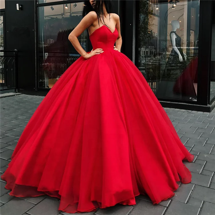 

2020 Long Red Prom Dresses Sweetheart Ball Gown Quinceanera Dress Organza Girl Party Gown, Customized