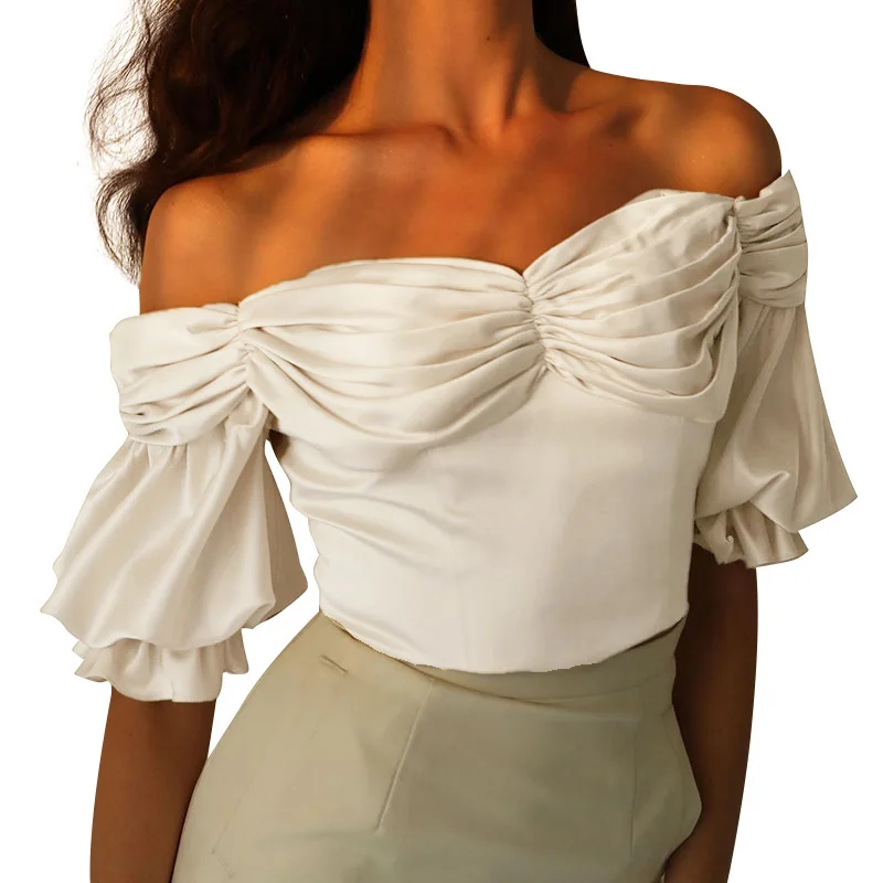 

2021 the new A word shoulder The horn sleeve T-shirt puff sleeve bare-shouldered Short slim T-shirt