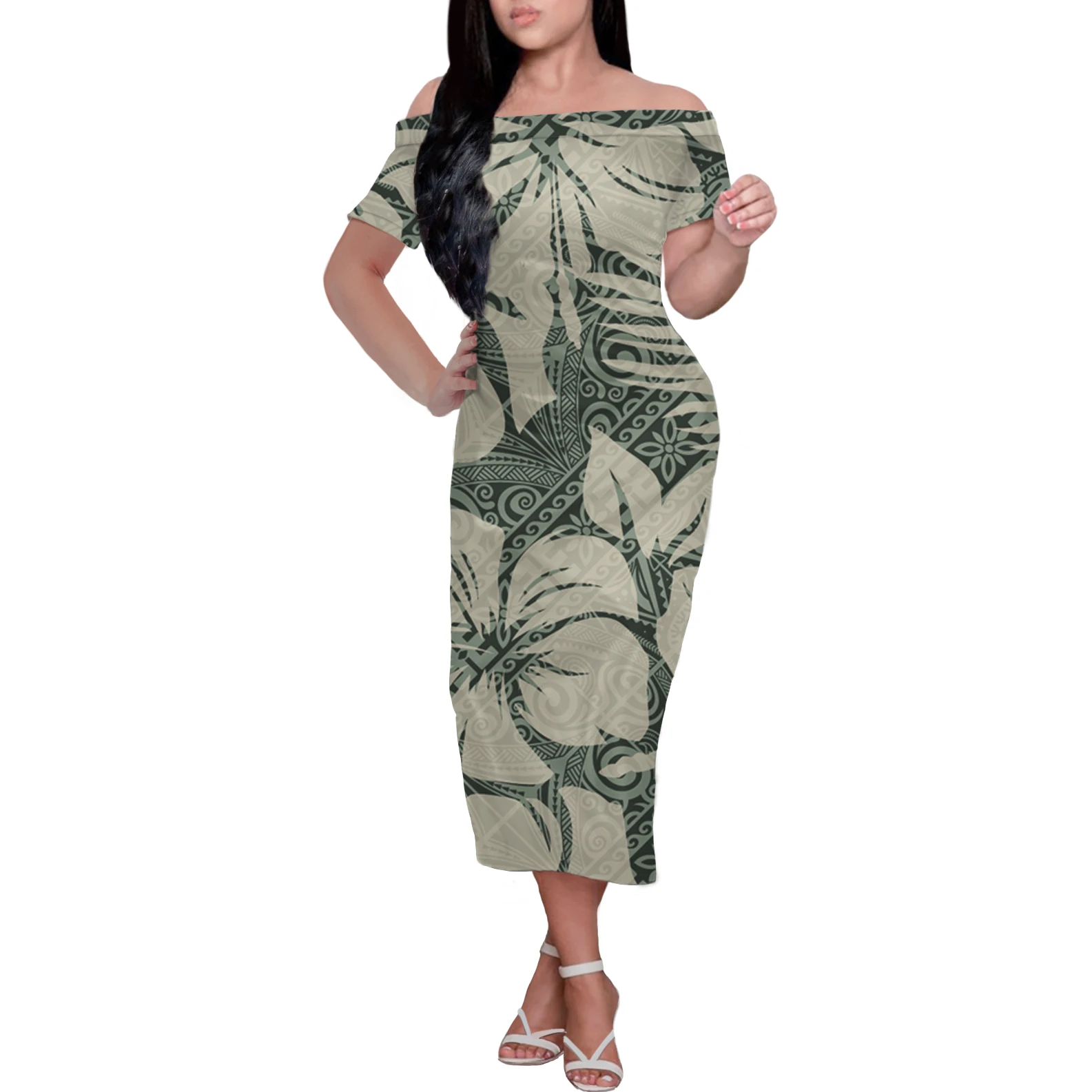 

Golden Samoan Natural Design Tattoo Symbol Women Bodycon Dress Tribal Clothing Custom Women Off-Shoulder Dresses Short Sleeve, Customized color