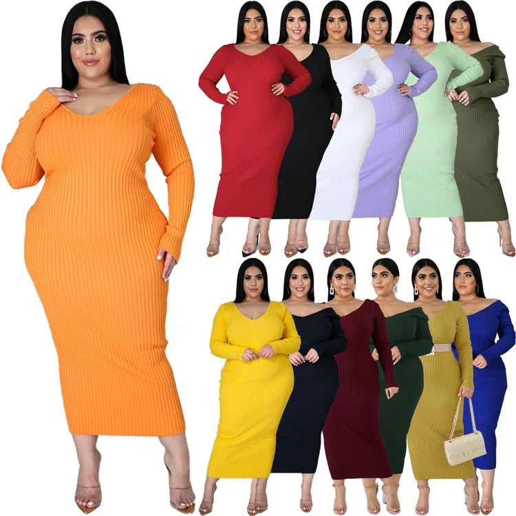 

EB-20110301 Popular Ladies Casual Dress V Neck Long Sleeve Ribbed 5XL Plus Size Autumn Women Maxi Dresses