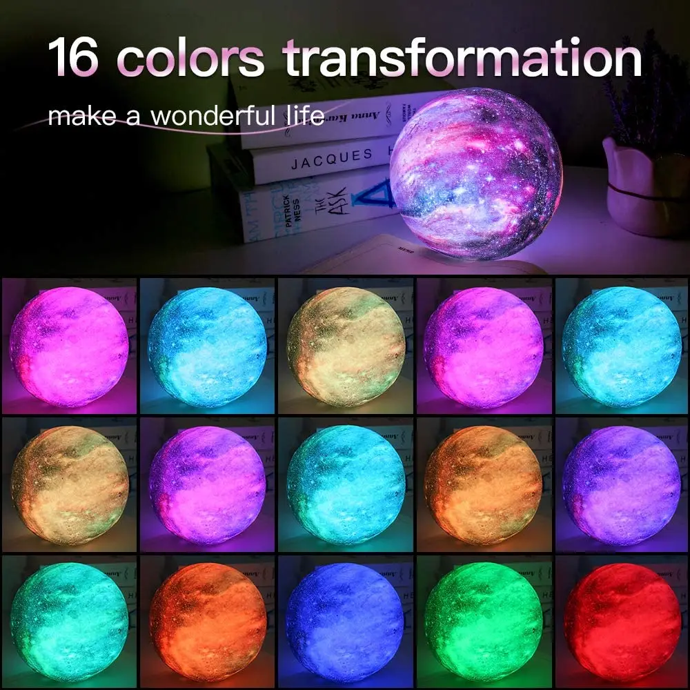 3D Star Moon Light Kids Night Light Lamp 16 Colors LED Moon Lamp with Wood Stand, Remote & Touch Control USB Rec