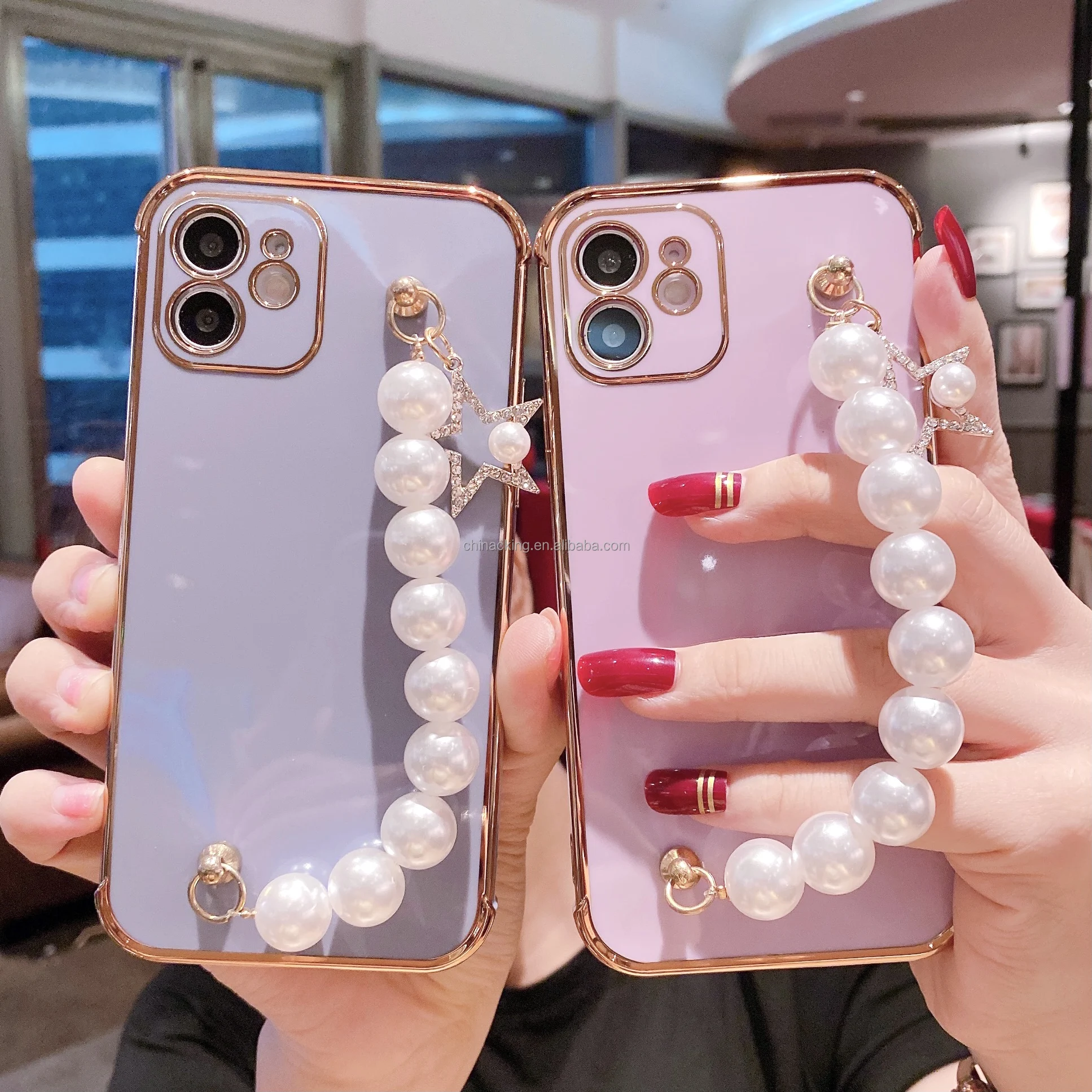 

For iPhone 12 Pro Max Phone Case With Star Pearl Wrist Strap For iPhone 7 8 Plus 11 X XR XS Max Bracelet Phone Cover, Many colors for choose