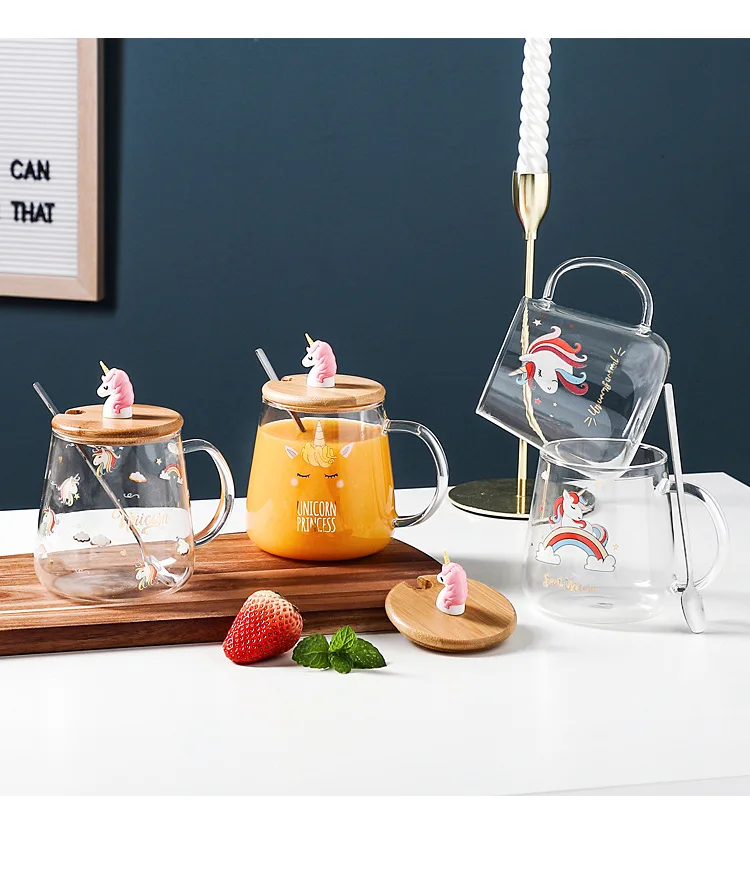 

Creative Cartoon Mug Coffee Unicorn Transparent Borosilicate High Temperature Resistant Glass Tea Cup with Bamboo Lid and Spoon