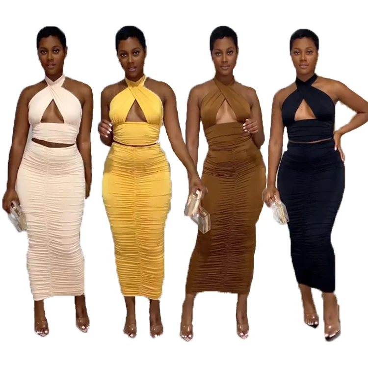 

Women's sexy cross tube top sling pleated hip skirt two piece suit casual dress, Customized color