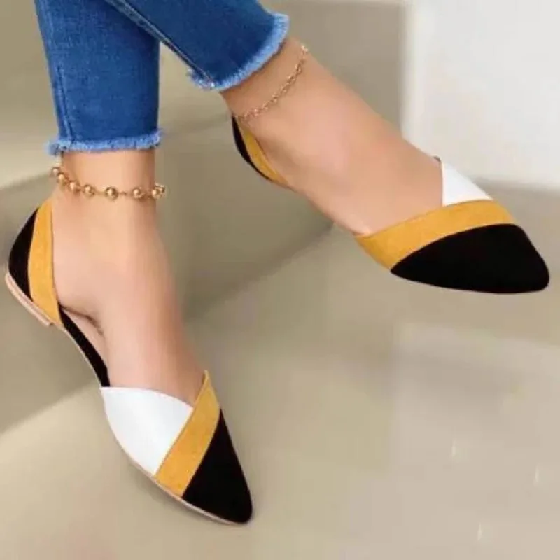 

Large size pointed head shallow mouth side empty leisure flat shoes women color single shoes lazy shoes, Yellow, blue, brown