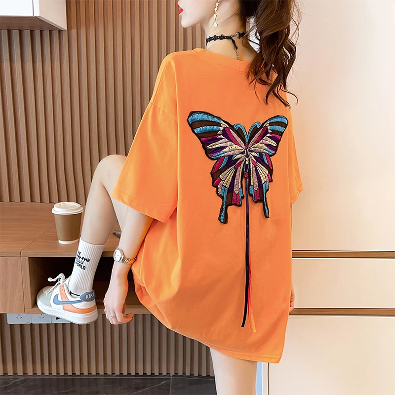 

Summer Leisure Loose Oversized Butterfly Embroidered Round Neck Top Women's Short Sleeve T-Shirt, Picture showed