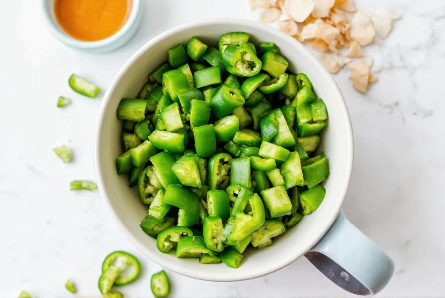 Freshly chopped green peppers spread out on a baking tray before freezing
