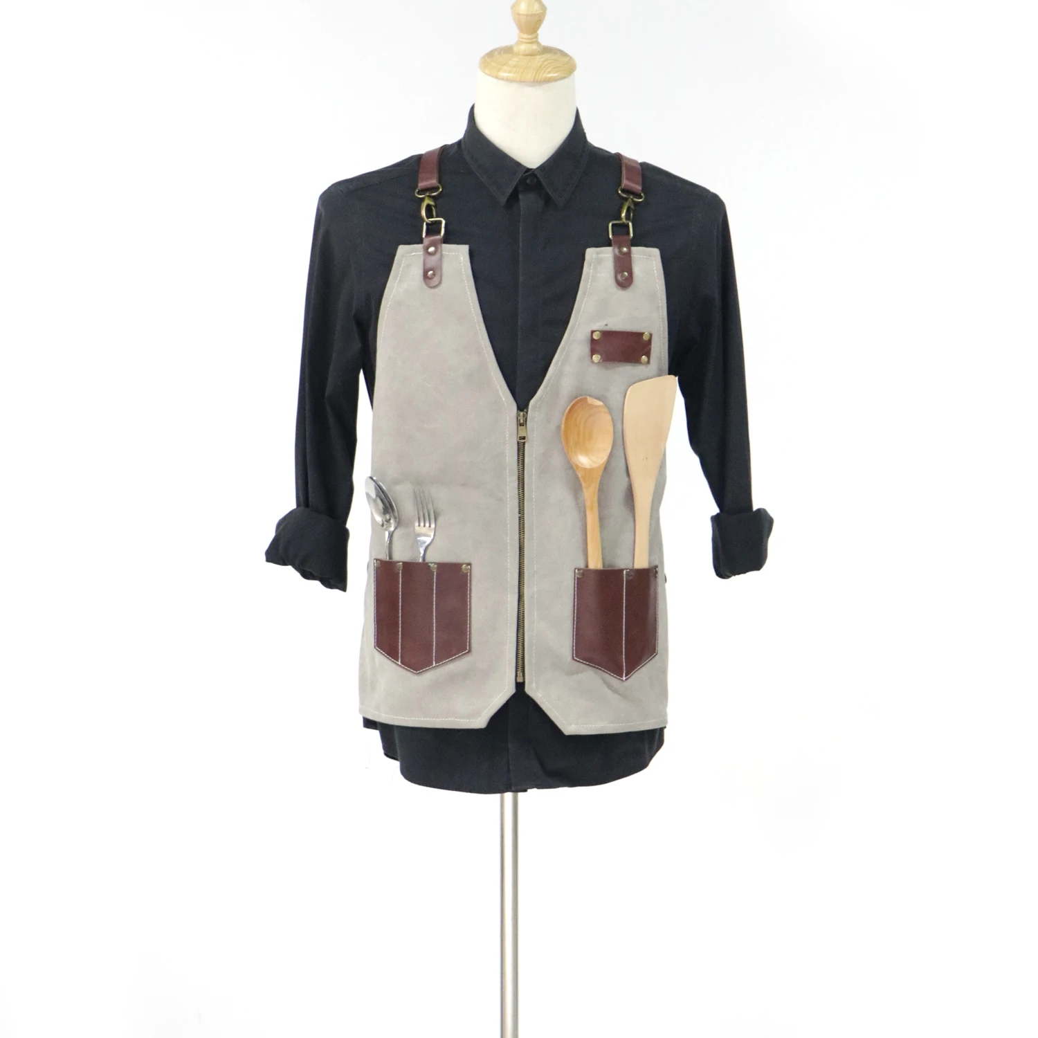 

Custom Logo Artisan Wood Workshop Painting Barista Denim Canvas Strap Overalls Apron Barber apron, Grey