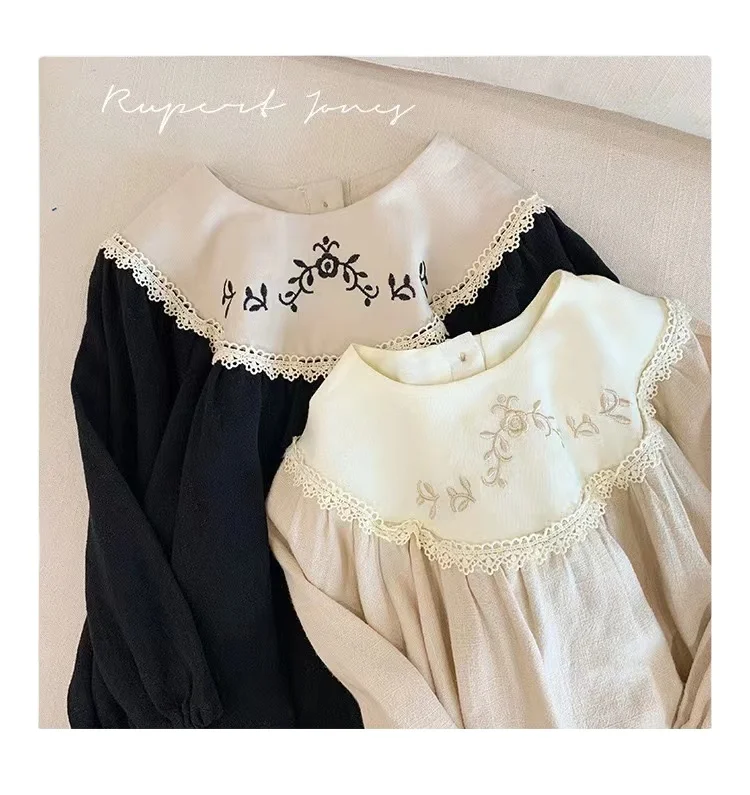 

UK Australia INS Embroidery Dress Girls Autumn Lace Floral Dresses Kids Cute Children Girls Dress Linen