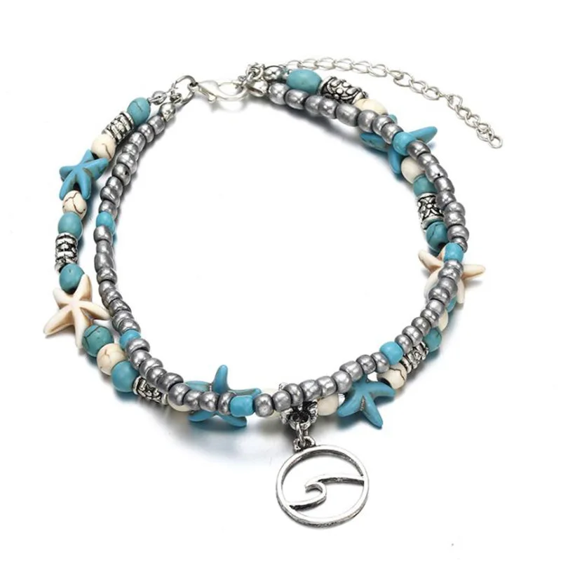 

Fashion Vintage Double Multiple Layered Beach Turquoise Stone Foot Jewelry Starfish Bohemian Animal Women Anklets