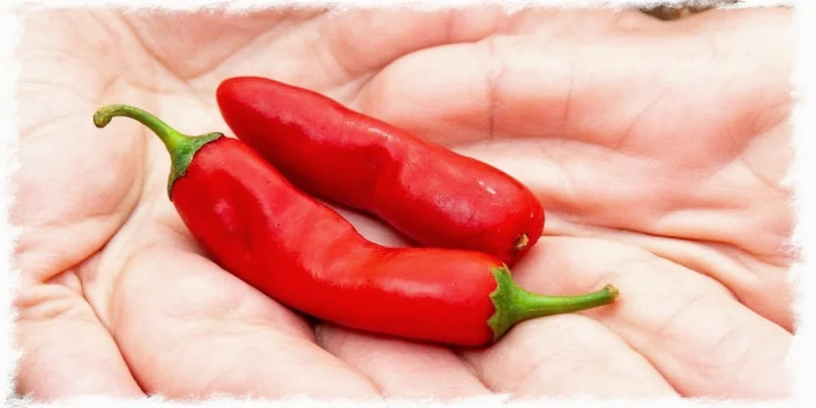 Close-up of red skinny peppers on a wooden table