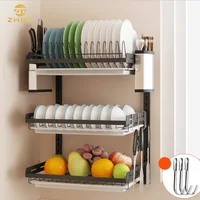 

201 Stainless Steel 3 Tiers Wall Mounted Dish Drying Rack Drainer Hanging Rack With PP Water Tray