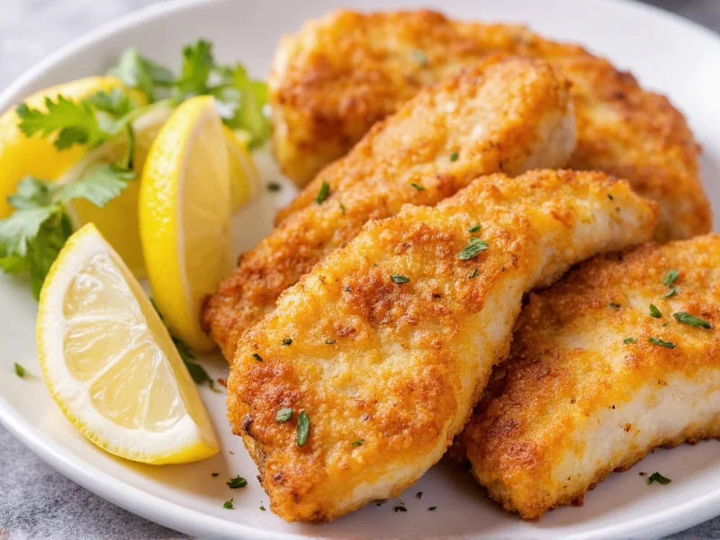 Golden baked fish sticks with lemon wedges and herbs