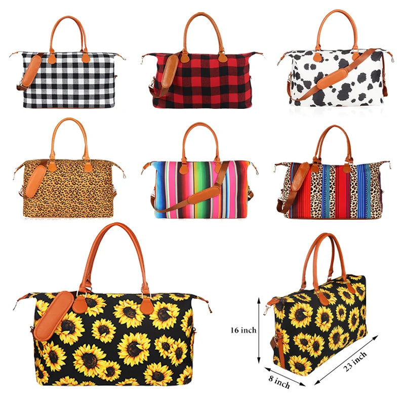 

Serape Duffle Travel Bag Wholesale Women Monogrammed Canvas Leopard Sunflower Duffle Weekender Tote Bag, As pic show