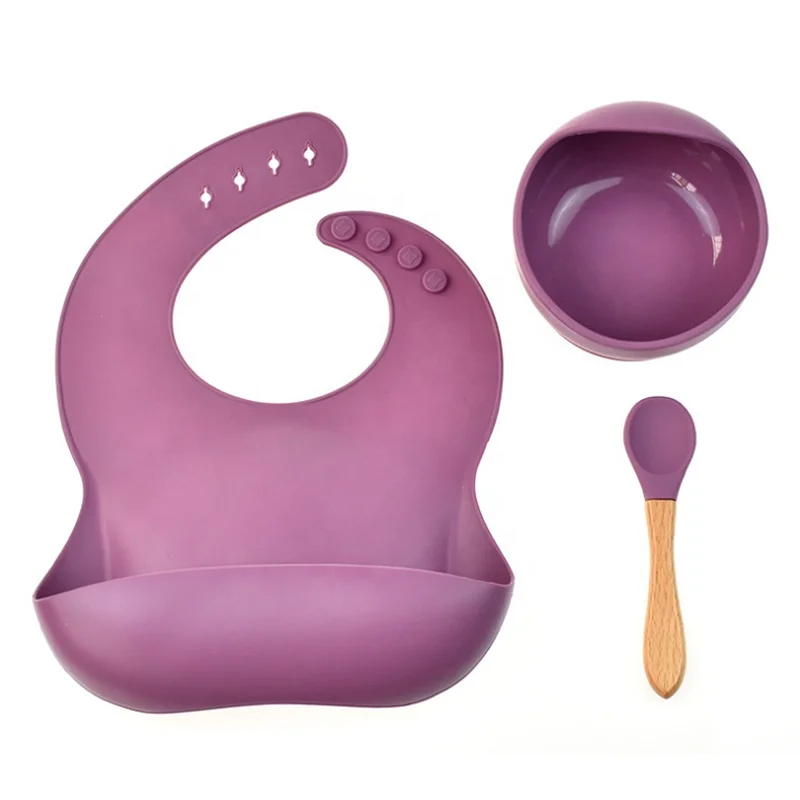 

2021 Newest hot-sell customized Baby Cutlery Wholesale Baby Feeding Set Silicone Bib Suction Bowl With Spoon many colors chosen