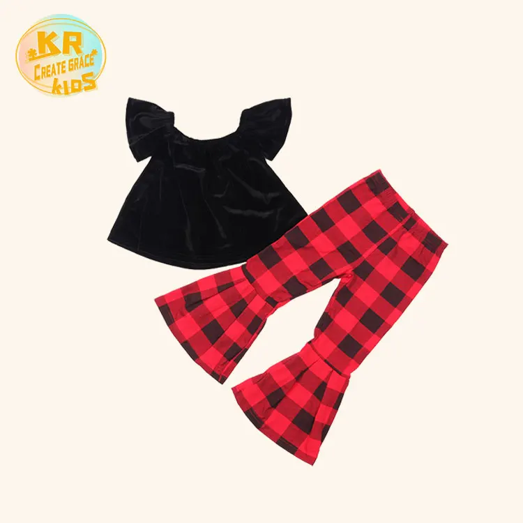 

Christmas Newborn Baby girl Clothes set velvet lace short sleeve set red plaid bell-bottom pant outfit, Picture shows