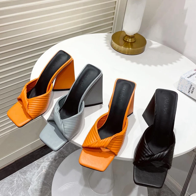 

2021 New Women Slipper Fashion Square High Heel Ladies Bow-knot Sandal Shoes Open Toe Slip On Slides Shoes Flip Flops