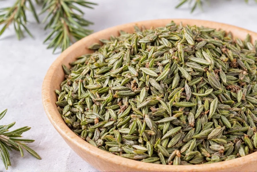 Glass jar of dried rosemary on a kitchen shelf