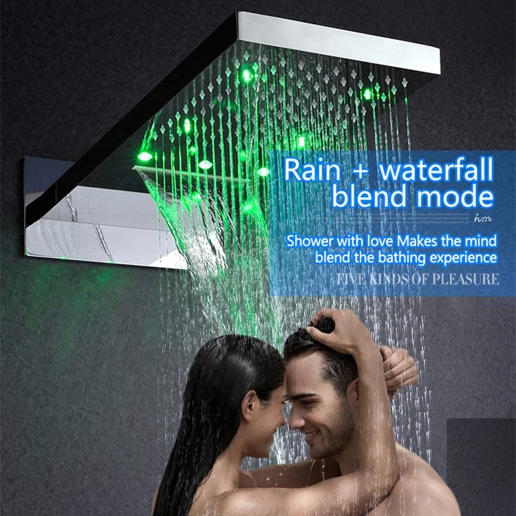 Modern beautiful Led light rain shower head led light temperature control bathroom shower 230*554*30 mm