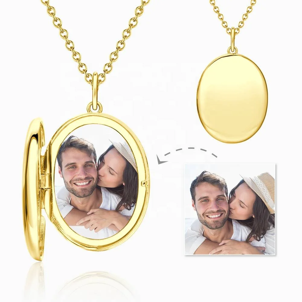 

Custom Jewelry Oval Pendant Necklaces 14K Gold Plated Engraving Photo Locket Necklace
