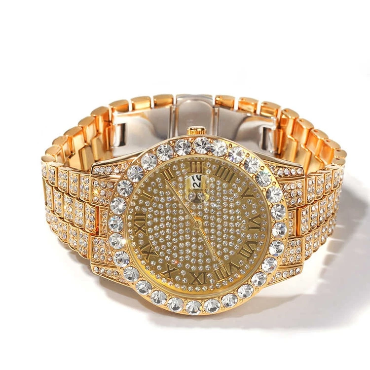 

Fully Rhinestone HipHop Watch Men Luxury Bling Iced Out Gold Silver Wrist Watches