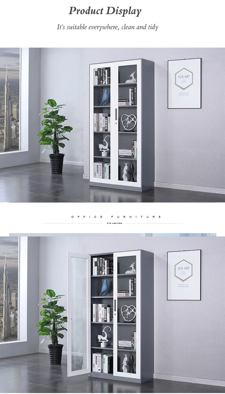 Bookcase High Gloss Metal Industrial With Glass White Living Room