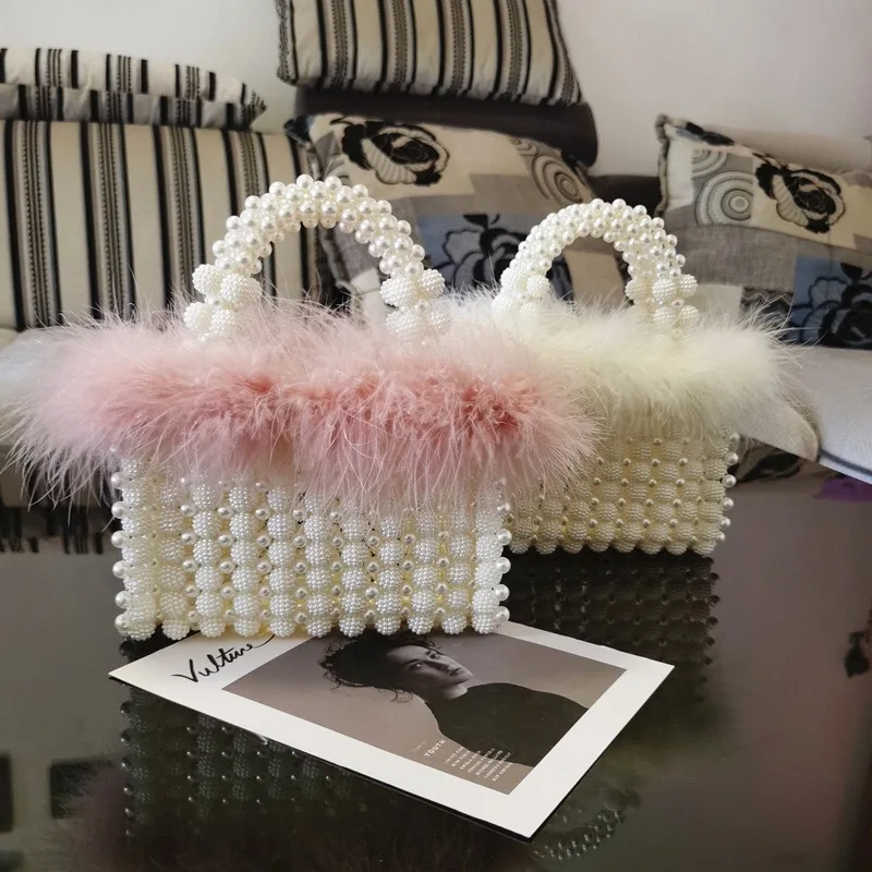 

Fashion Handmade Pearl Bucket Bag Beaded Wedding Beading Clutch Purse ABS Genuine Pearl Evening Fur Bags Handbags, White /pink