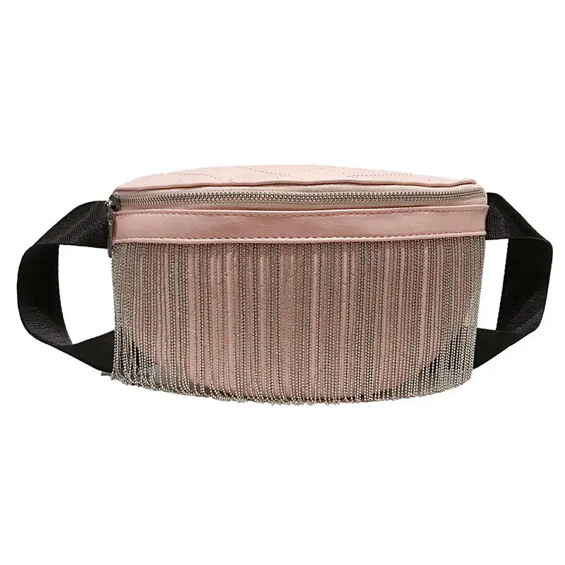 

Pink color tassel PU leather waist bags fanny pack quilted handbags for women, Customized color