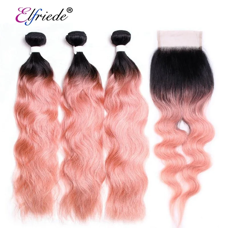 

#T 1B/Rose Gold Natural Wave Ombre Hair Bundles with Lace Closure 4"x4" Brazilian Remy Human Hair Wefts with Closure JCXT-212