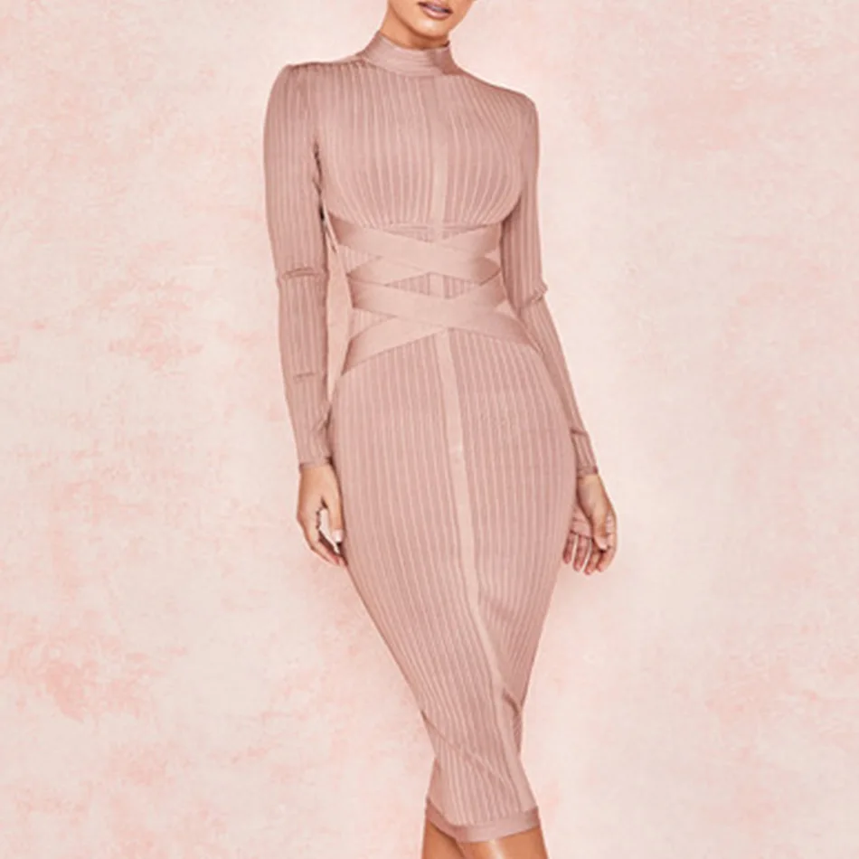 Wholesale Winter high quality ladies Sexy bodycon long sleeve dress women stand collar rayon stretchy bandage dresses