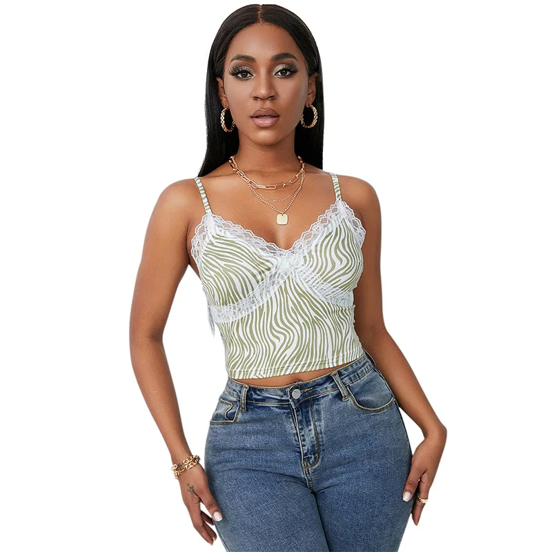 

Sperreal V-neck Contrast Lace Cami Top Women Backless Sexy Print Crop Tops Summer Ladies Fashion Slim Camis Streetwear