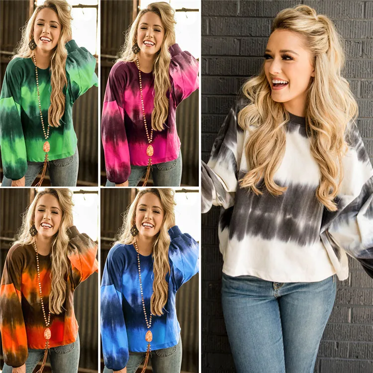 

Gradient color long-sleeved tie-dye top sweater 2021 autumn and winter round neck loose T-shirt women, As show