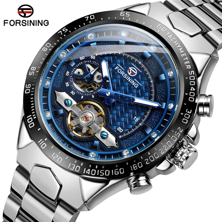 

Forsining classic blue creative knight pointer steel band men's automatic mechanical watch
