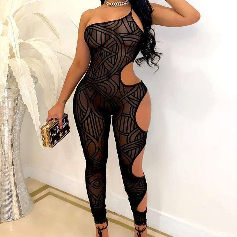 

Gauze Hollow Out Sleeveless Women Solid Color One Shoulder Jumpsuit Sexy Jumpsuits Club Wear -PT, Black