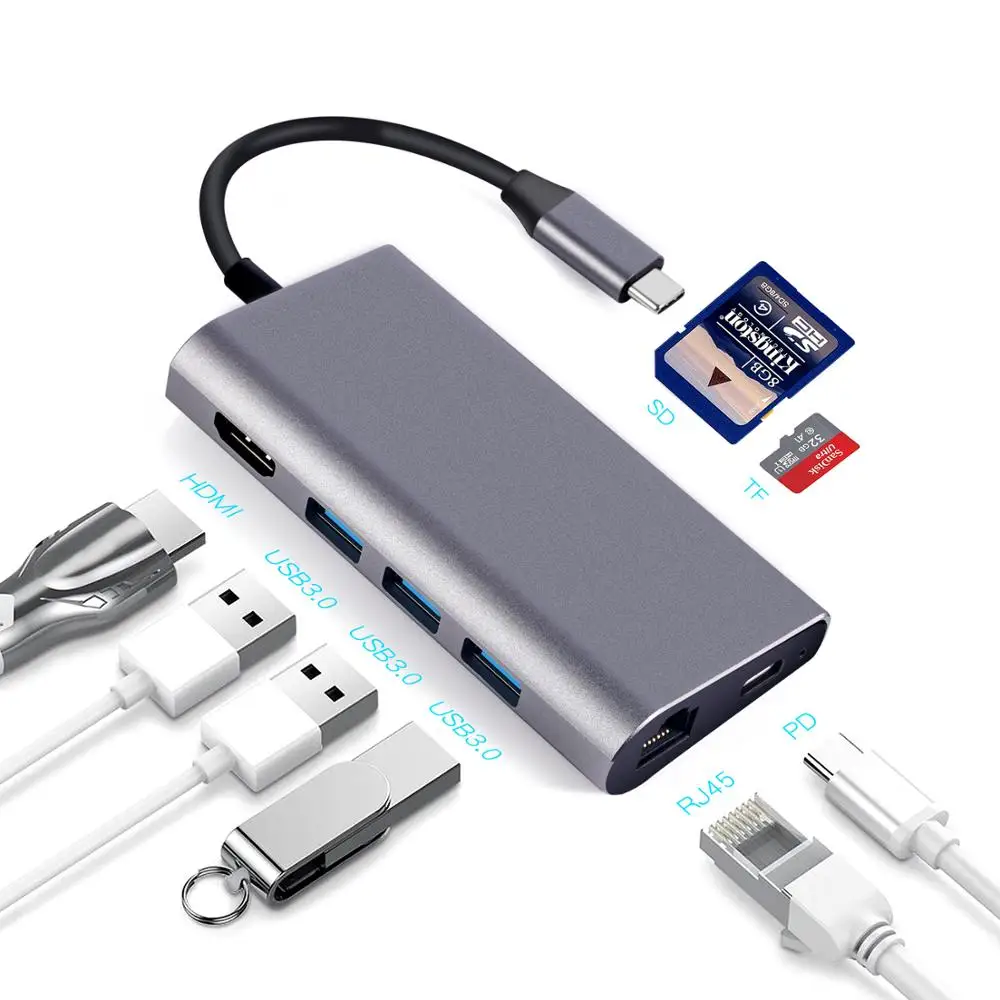 

High quality 8 in 1 Type-C Hub Multiport Dock Station with 4K HD-MI USB3.0 RJ45 SD TF USB-C PD Charging Adapter for Macbook Pro