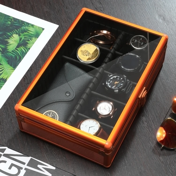 

Dropshipping 2021 Orange Aluminum Watch Case Display Cushion Storage Gift Box Watch Presentation Box