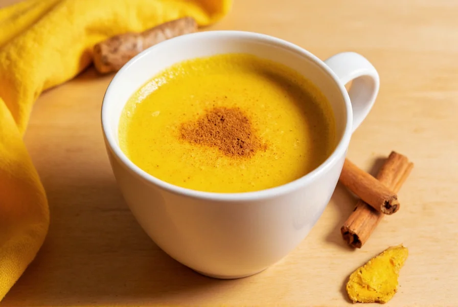 Golden turmeric latte in a mug with cinnamon sprinkle and fresh turmeric root
