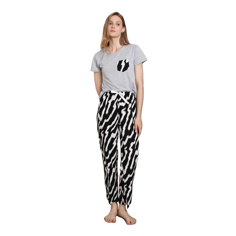 

2021 Chinese factory pajamas-wholesale two piece zebra striped short sleeve pjs set pyjama women homewear sleepwear pajamas, Grey and black