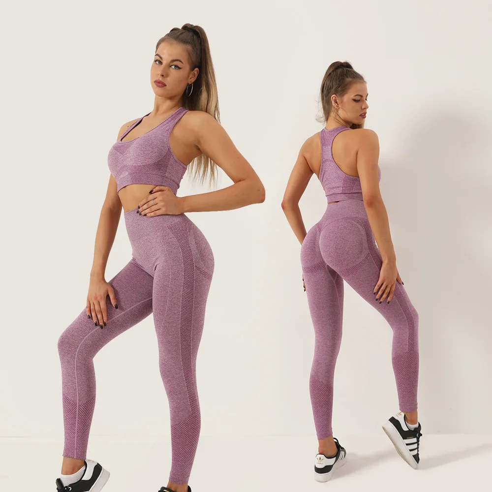 

Women High Elasticity Yoga Sets High Waist Seamless Scrunch Bum Leggings And Sports Bra 2 Piece Work Out Clothes