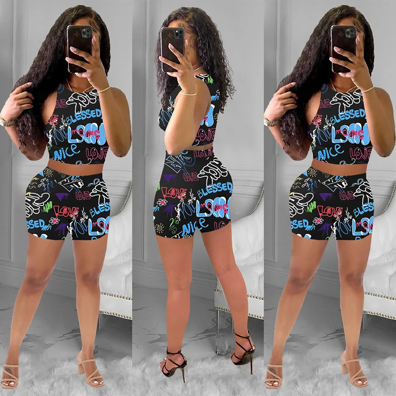 

9072 fashion monogrammed print setsuit 2 two piece pants set woman clothing