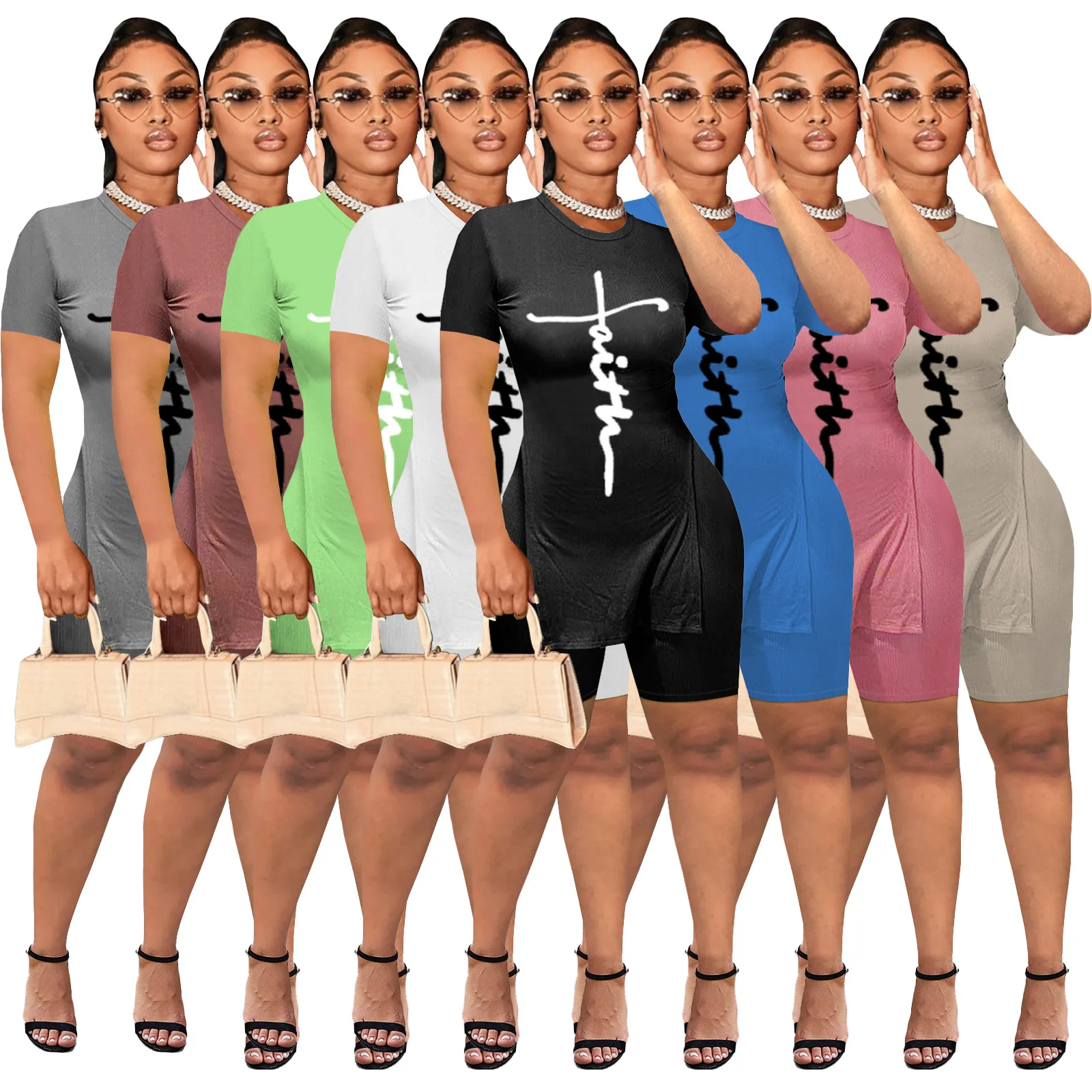 

2022 Summer Shorts Set Women Biker Shorts Ribbed Two Piece Shorts Set Clothing