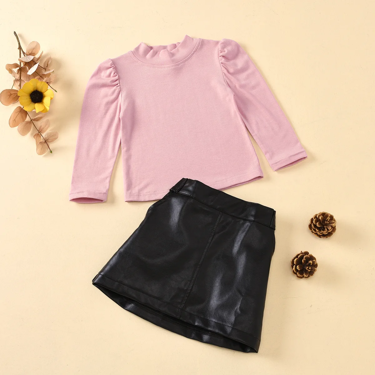 

Wholesale Long Sleeve Round Neck Solid Color Tops Black Leather Skirt Two Piece Girls Costum Set