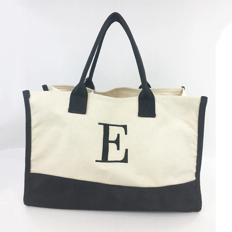 

Fashionable Multi Purpose Cream lvory Color Women Handbags Cotton Shopping Bag Two-Tone Canvas Tote Bag wit Black Handles