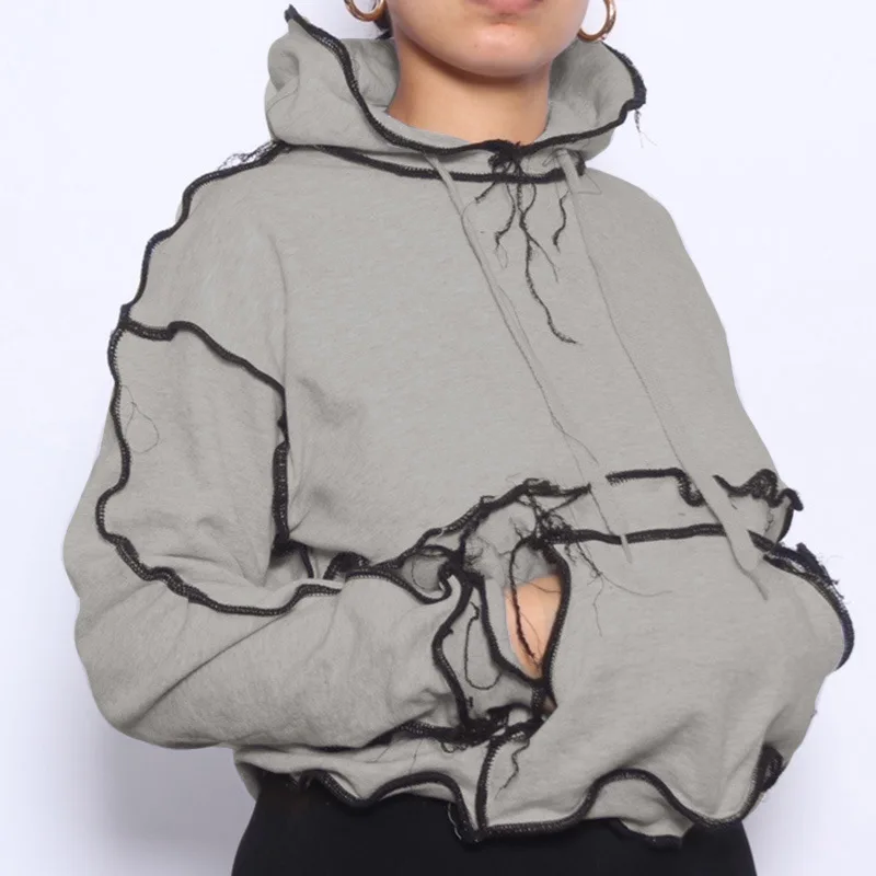 

Women Girl Wholesale Clothes Unique design patchwork hooded sweatshirt cropped drawstring irregular lines women's top hoodie, As picture