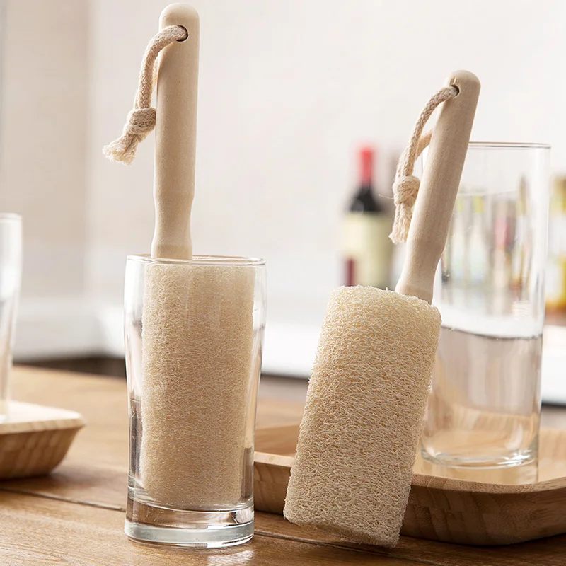 

wholesale reusable eco friendly 100% natural loofah dish bottle washing kitchen loofah cleaning sponge scrubber with handle, White