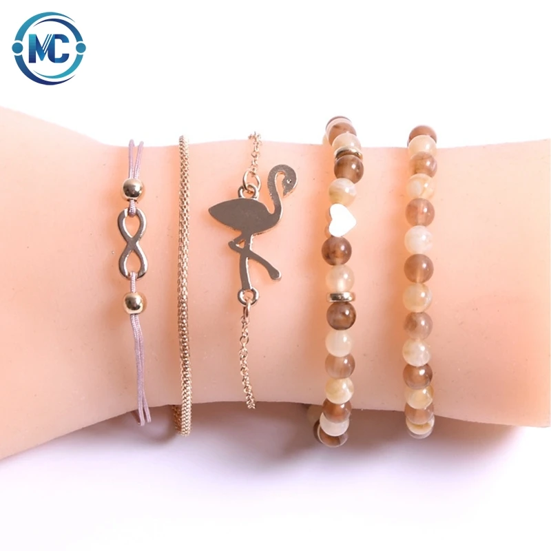 

Vintage Design Fans Handmade Beads Bangle Bracelets Flamingo Eight Snake Shape Five Pieces Set Boho Bracelet Charms